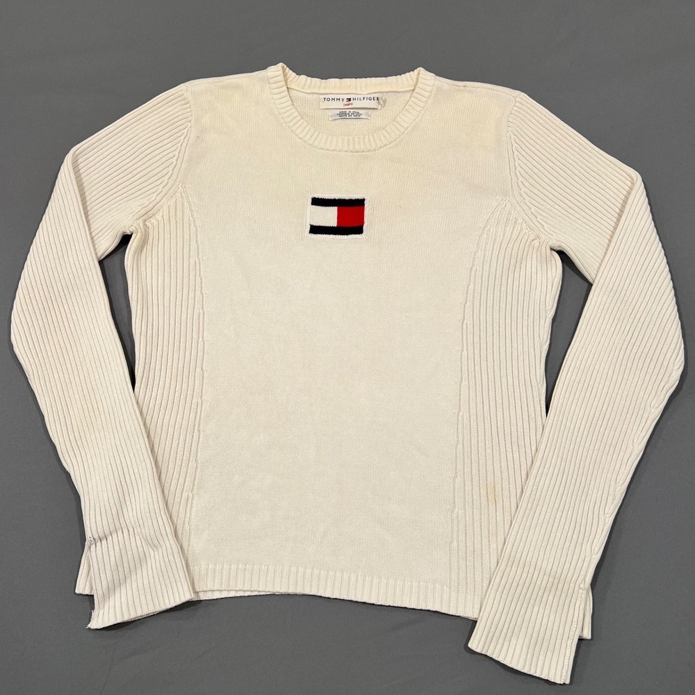 Tommy Hilfiger Jeans Vintage 90s Ribbed Knit Flag Logo Sweater Cream Large